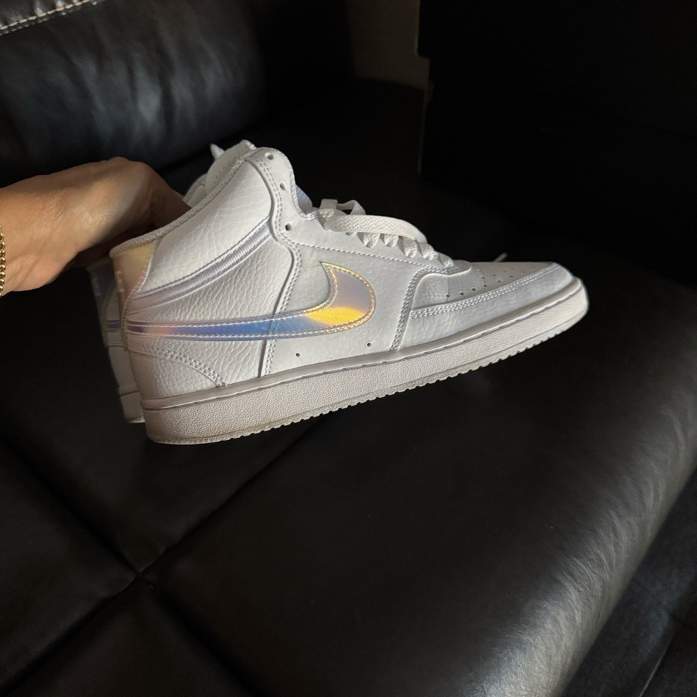 Jordan White High-Top Sneakers with Iridescent Swoosh